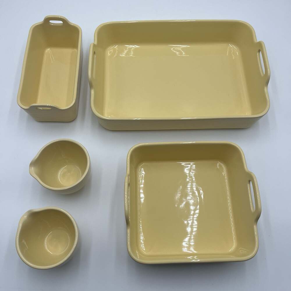 Temp-tations by Tara Yellow Bakeware Set Ceramic Oven Dish Ramekins Woodland
